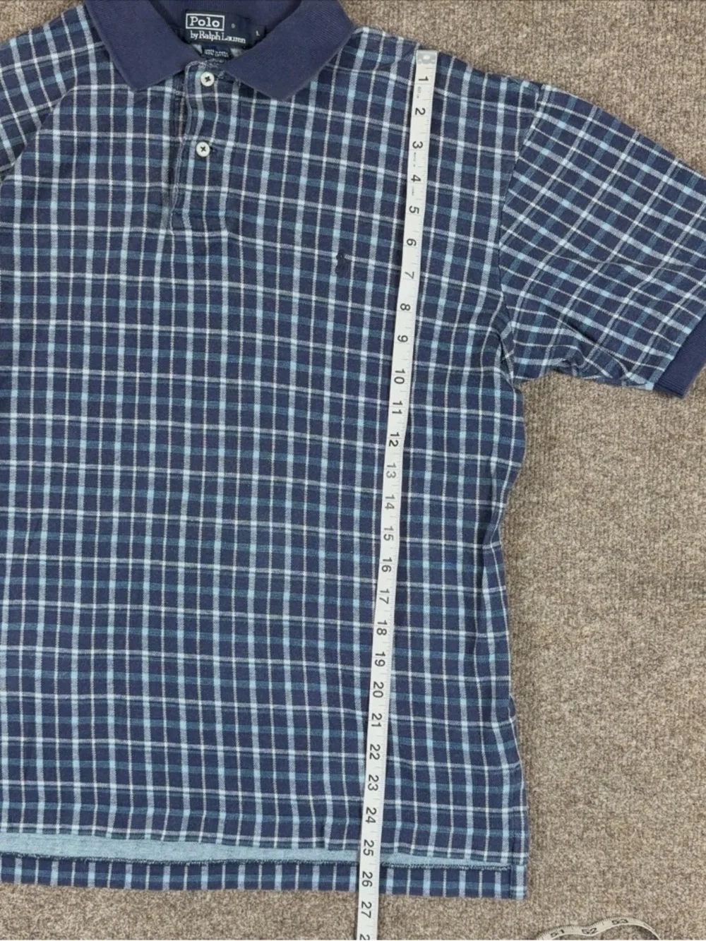 Vintage Polo Ralph Lauren Navy Blue Checkered Polo Mens L Short Sleeve Shirt 90s